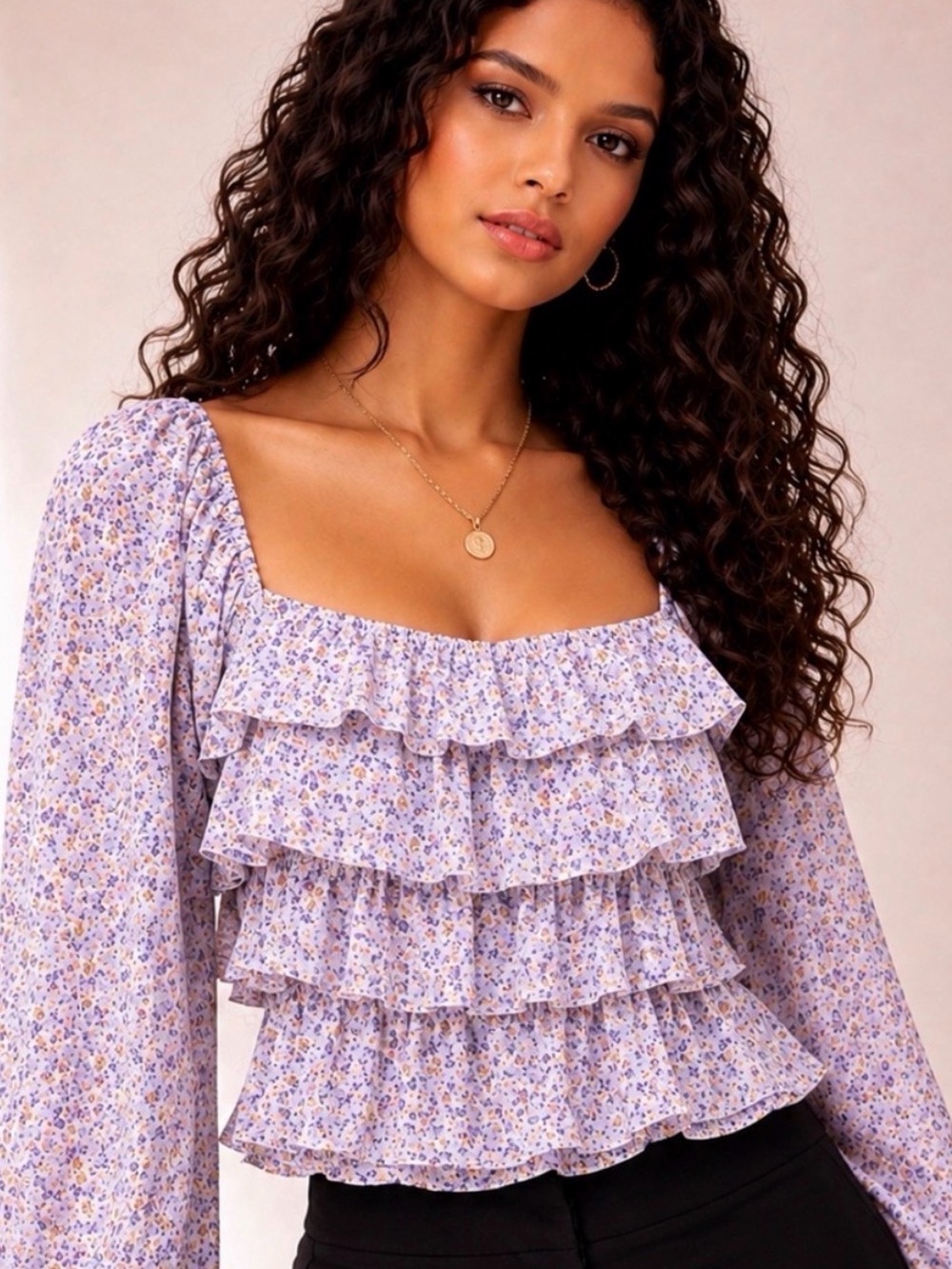REVOLVE Astr The Label Lavender Fields Floral Ruffle Top Size L